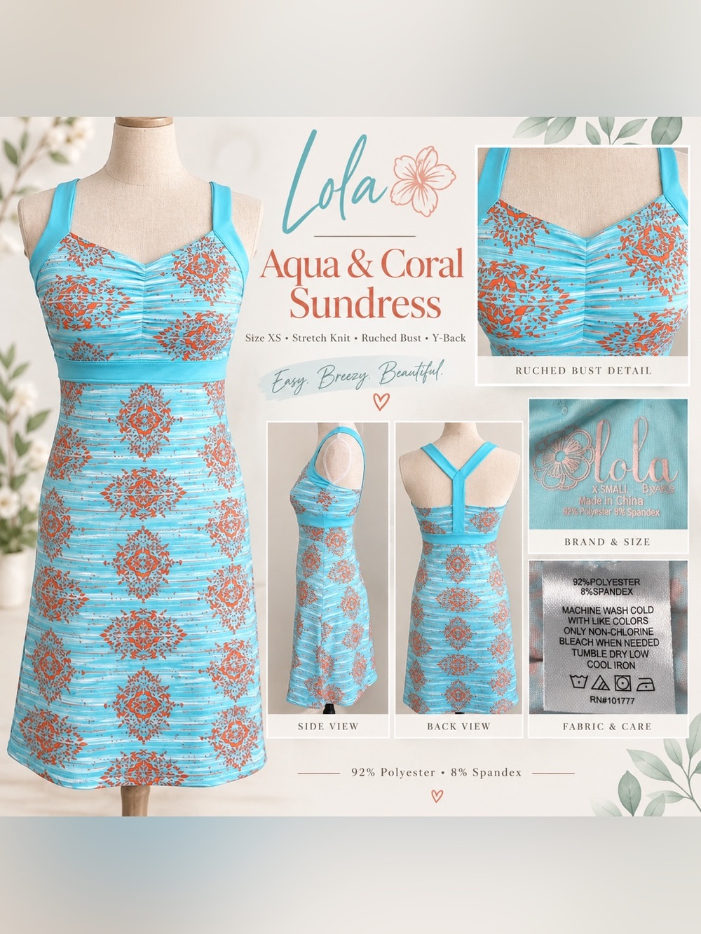 Lola XS Aqua Coral Athletic Dress Built-In Bra Stretch Tennis Golf